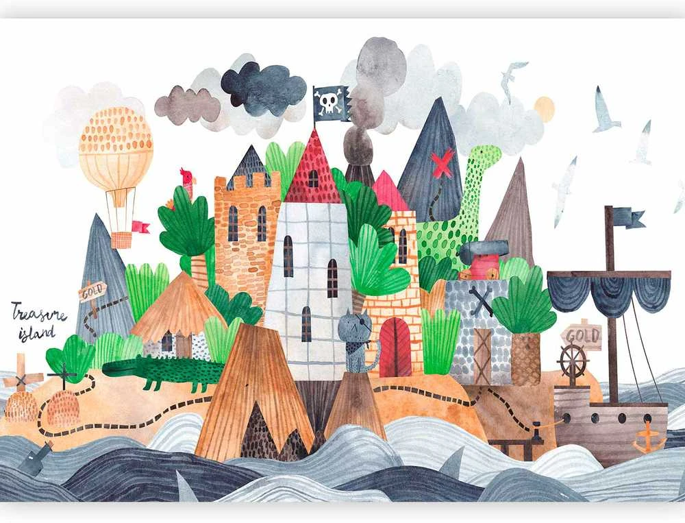 Artgeist Fototapetas - A colourful treasure island with a castle - a pirate ship at sea for children