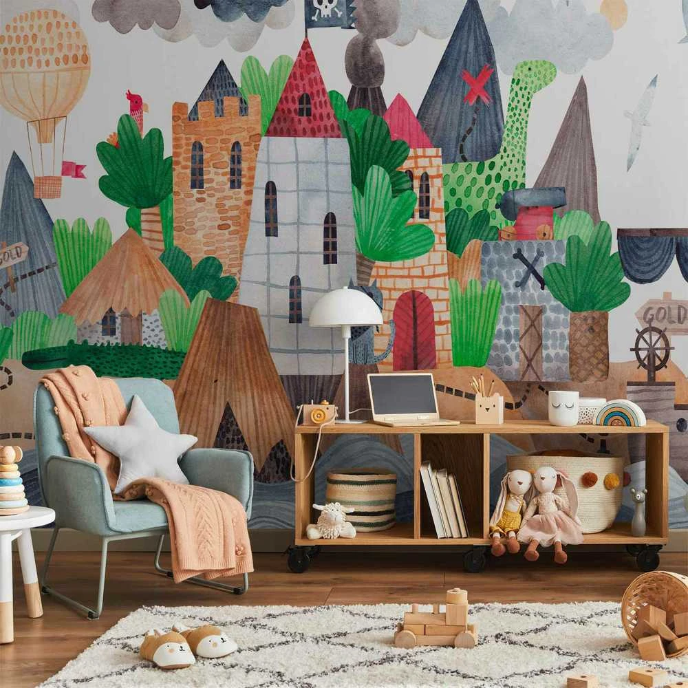 Artgeist Fototapetas - A colourful treasure island with a castle - a pirate ship at sea for children