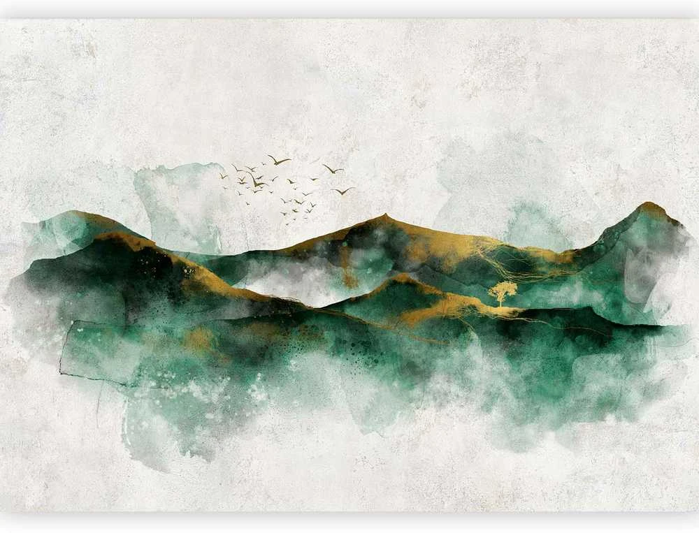 Artgeist Fototapetas - Abstract landscape - žalias mountains with golden patterns and birds