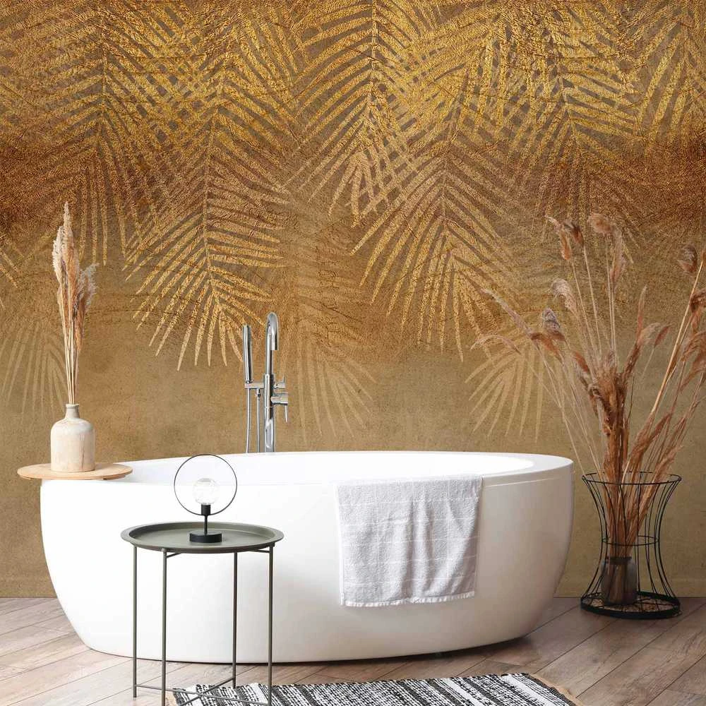Artgeist Fototapetas - Abstract nature in beige - composition with golden exotic leaves