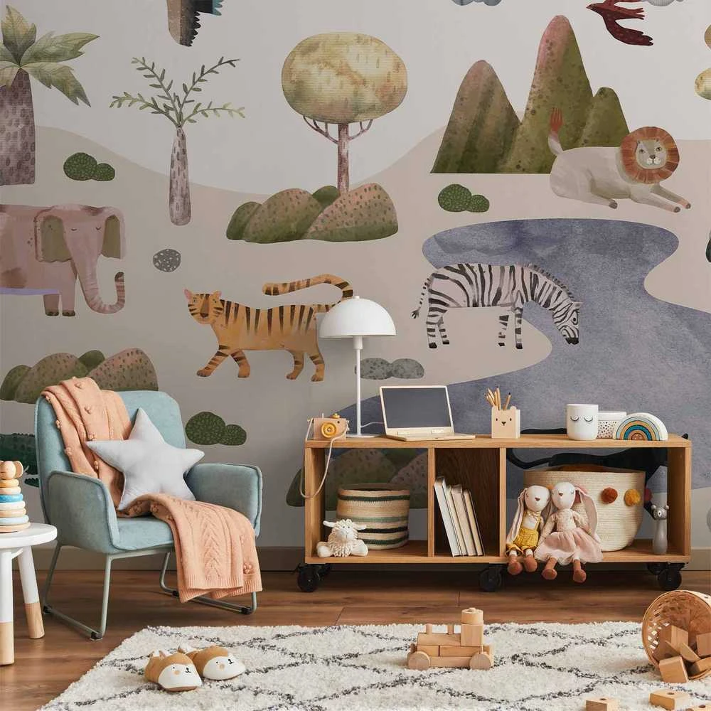Artgeist Fototapetas - Africa for Toddlers - Savannah Animals in Pastel Colours