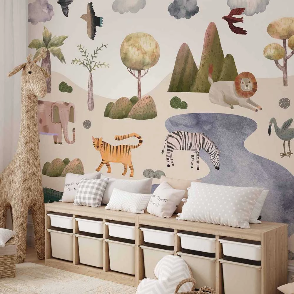 Artgeist Fototapetas - Africa for Toddlers - Savannah Animals in Pastel Colours