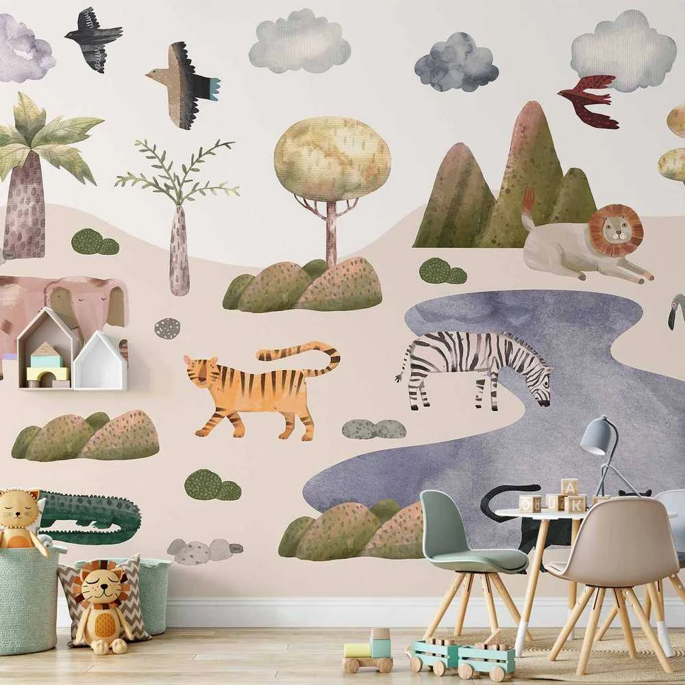 Artgeist Fototapetas - Africa for Toddlers - Savannah Animals in Pastel Colours