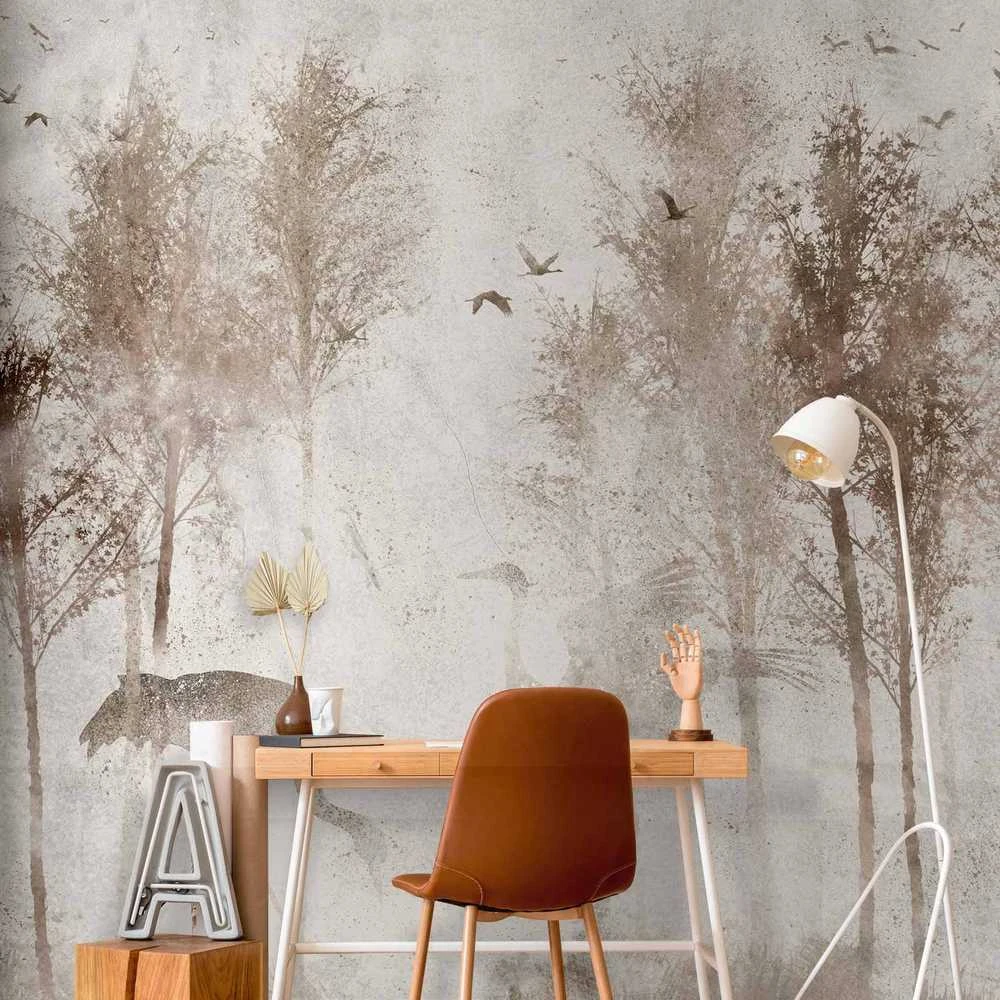 Artgeist Fototapetas - Among the trees - landscape in pilkas tones in fog in a clearing with birds