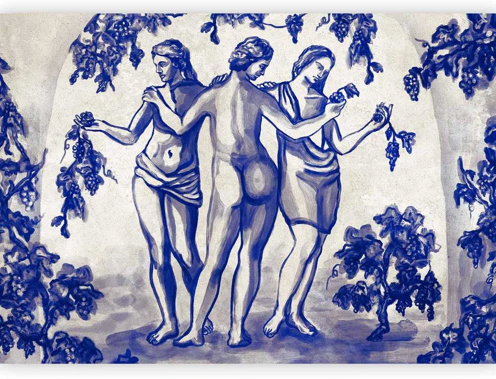 Artgeist Fototapetas - Ancient vineyard - three women in a portal painted with mėlynas ink