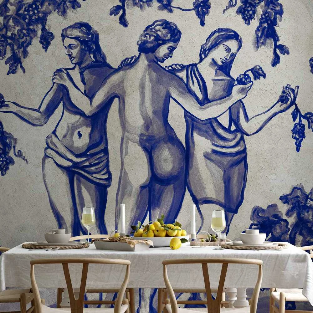 Artgeist Fototapetas - Ancient vineyard - three women in a portal painted with mėlynas ink