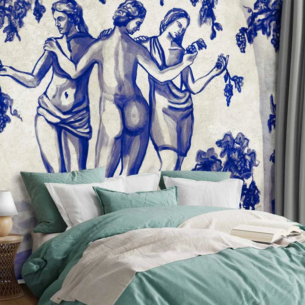 Artgeist Fototapetas - Ancient vineyard - three women in a portal painted with mėlynas ink