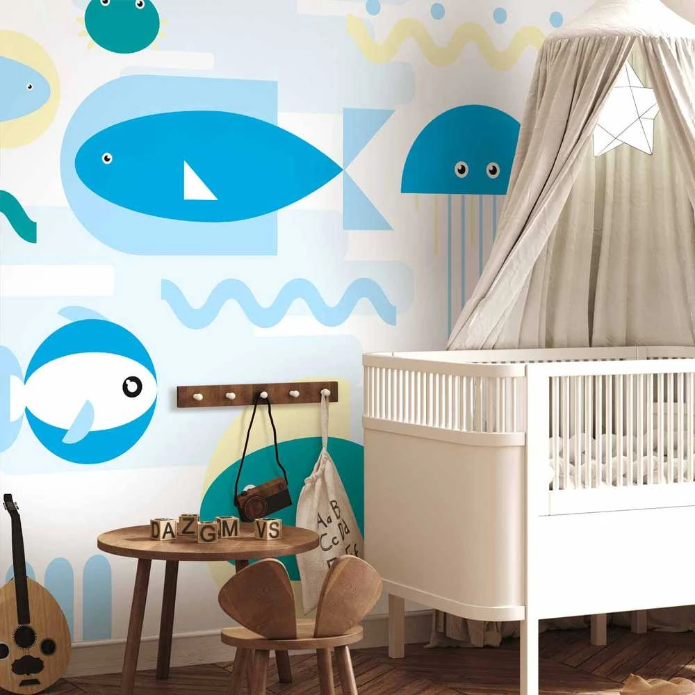 Artgeist Fototapetas - Animals in the sea - geometric mėlynas fish in water for kids