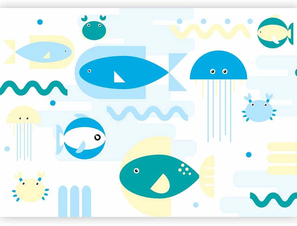 Artgeist Fototapetas - Animals in the sea - geometric mėlynas fish in water for kids