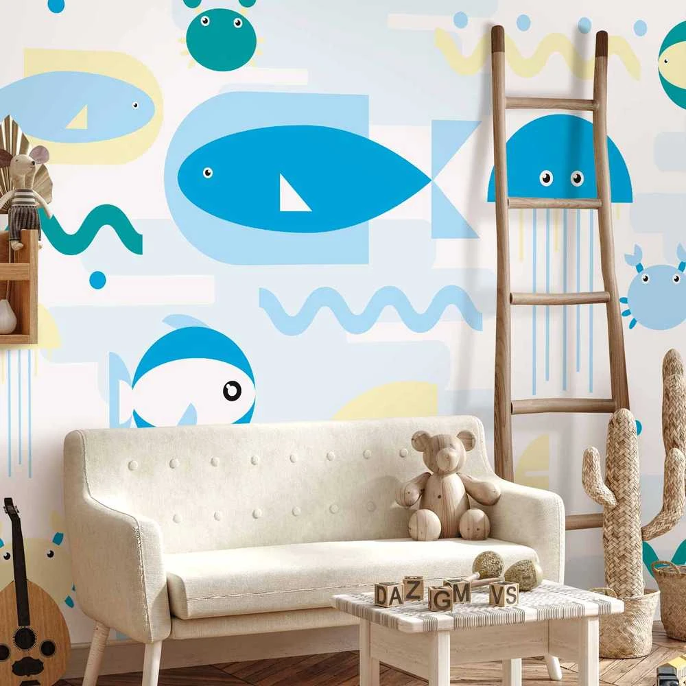 Artgeist Fototapetas - Animals in the sea - geometric mėlynas fish in water for kids
