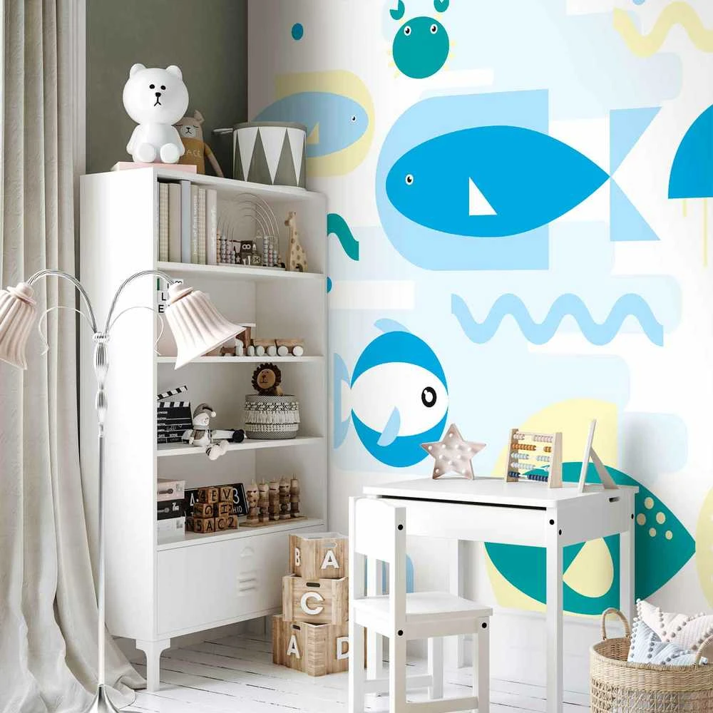 Artgeist Fototapetas - Animals in the sea - geometric mėlynas fish in water for kids