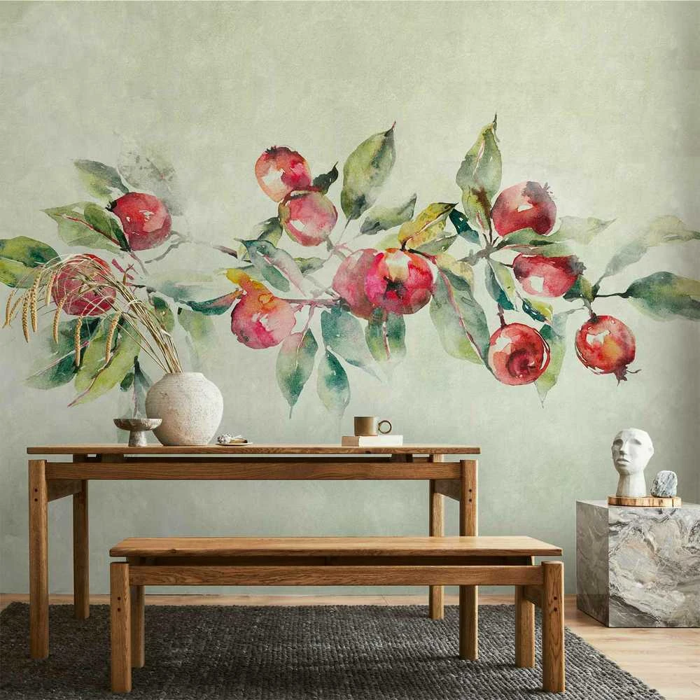 Artgeist Fototapetas - Apple branch - delicate landscape with a plant and apples on a baltas background