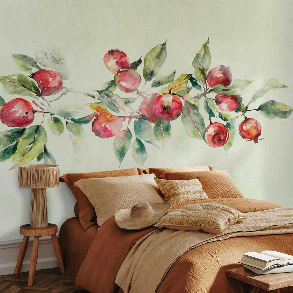 Artgeist Fototapetas - Apple branch - delicate landscape with a plant and apples on a baltas background