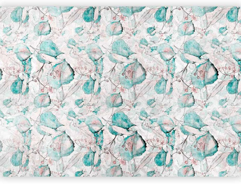 Artgeist Fototapetas - Autumn souvenirs - floral pattern with turquoise leaves