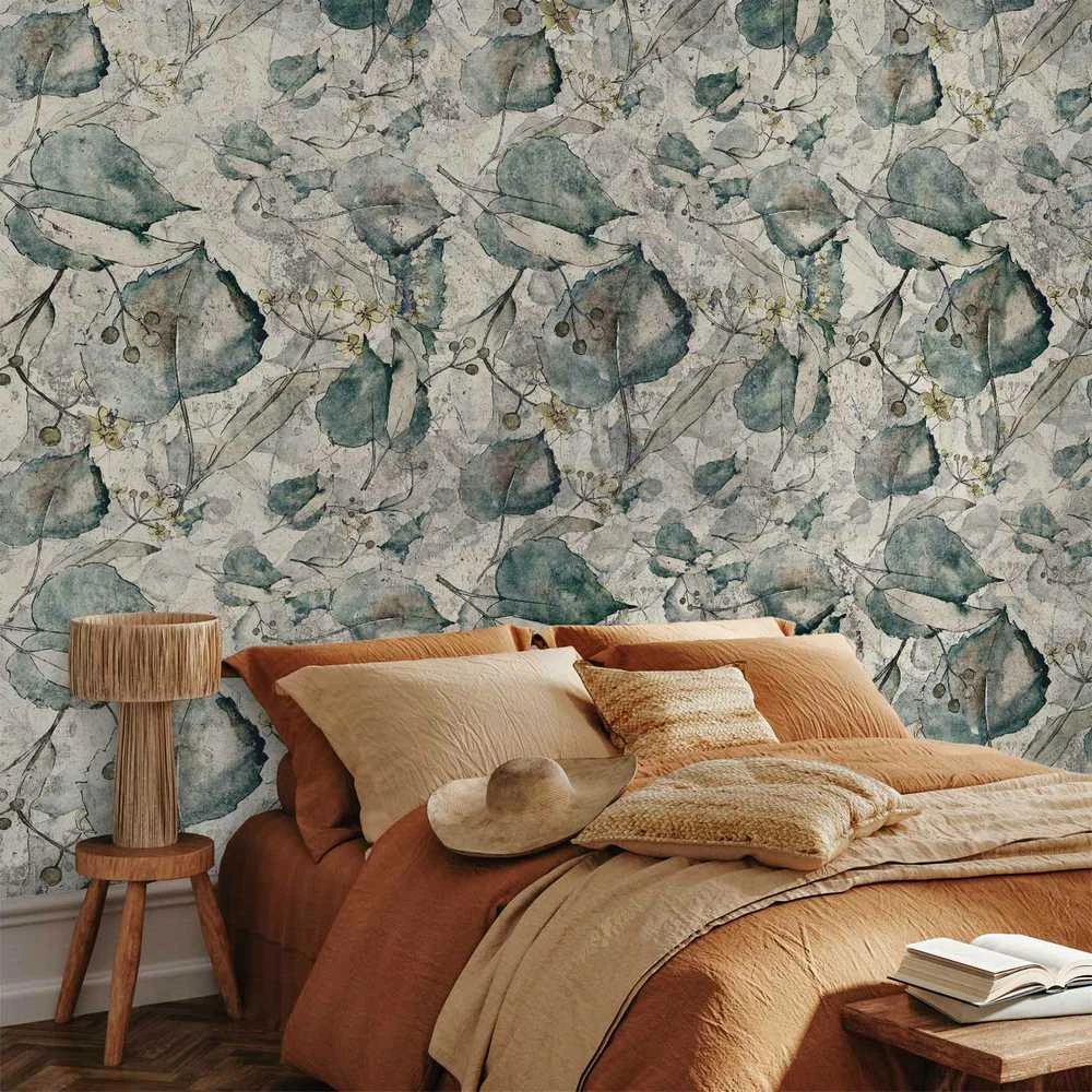 Artgeist Fototapetas - Autumn souvenirs - cool pilkas floral pattern with leaves
