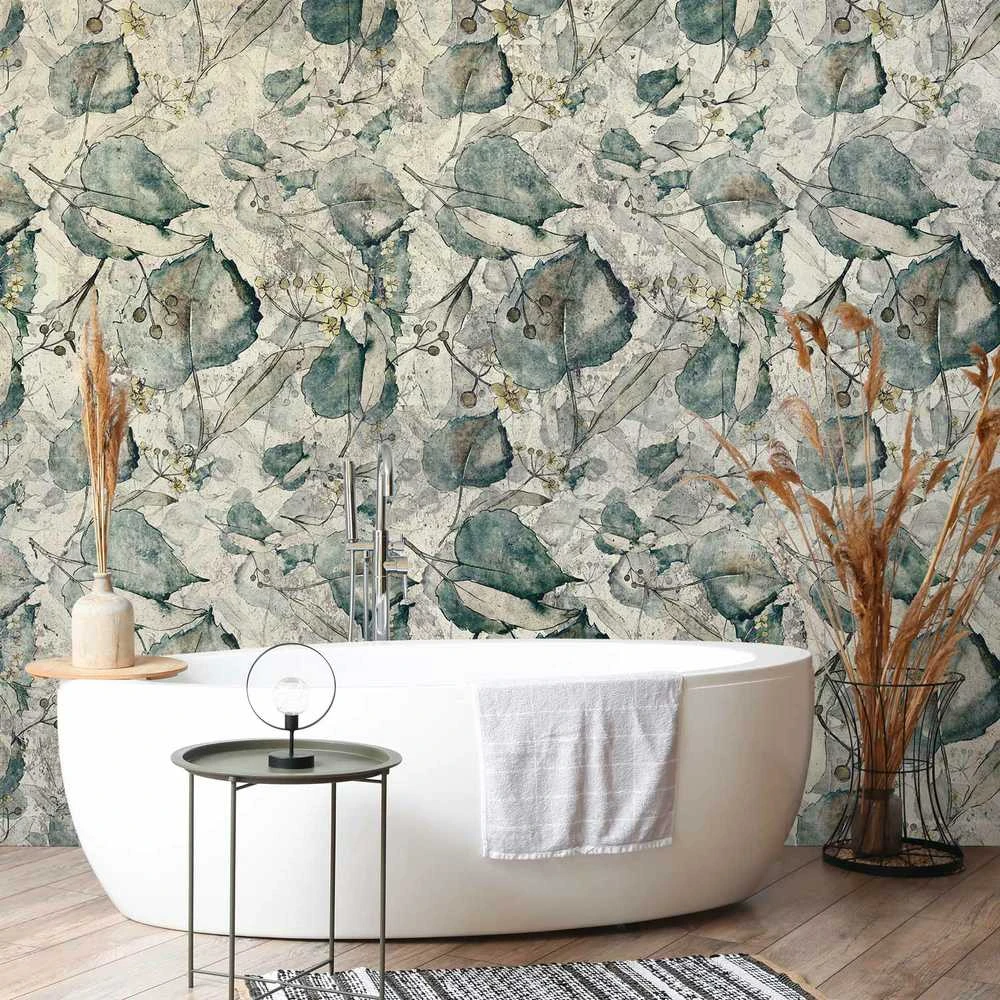 Artgeist Fototapetas - Autumn souvenirs - cool pilkas floral pattern with leaves