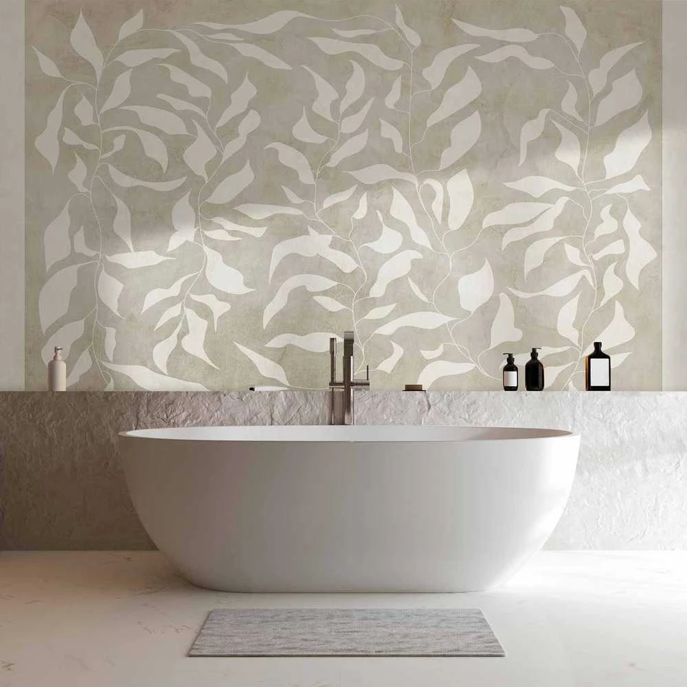 Artgeist Fototapetas - Baltas leaves - abstract plant motif on beige background with frame