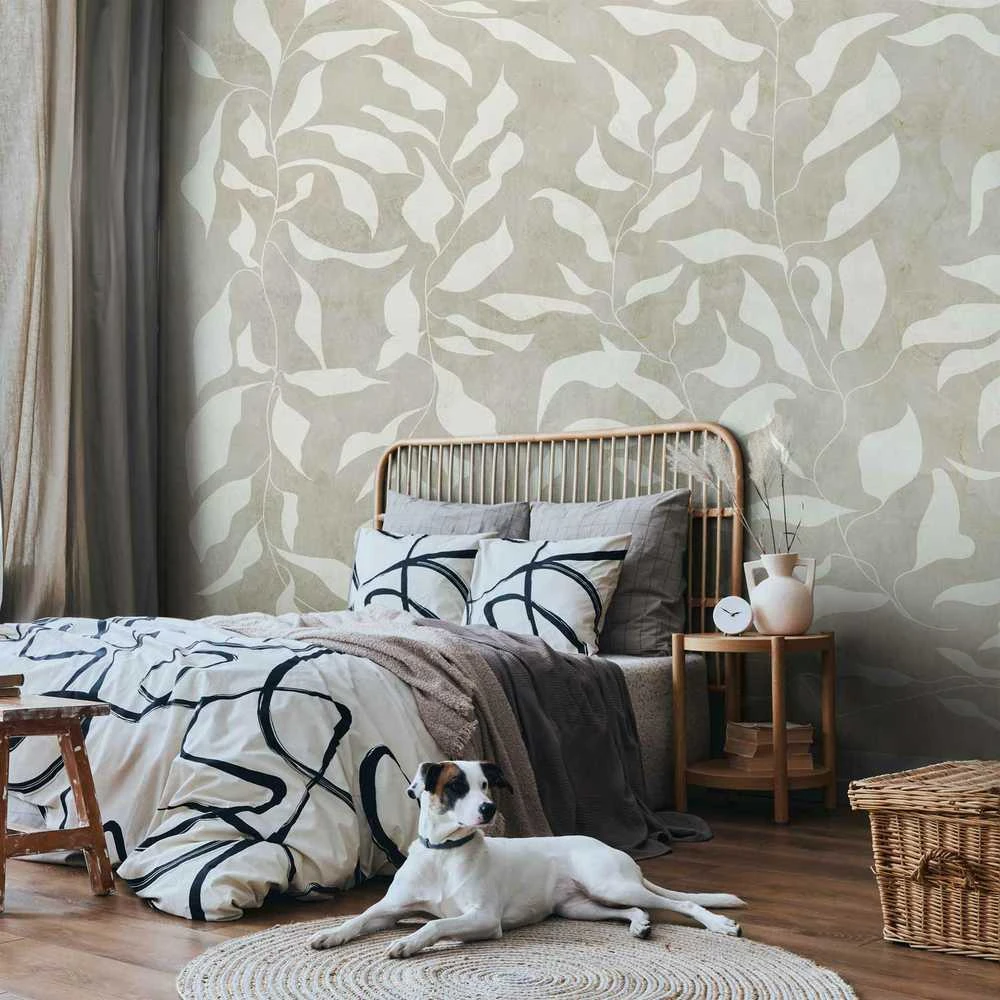 Artgeist Fototapetas - Baltas leaves - abstract plant motif on beige background with frame