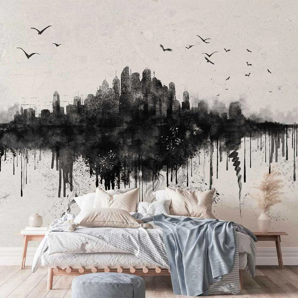 Artgeist Fototapetas - Big city - abstract city skyline in juodas watercolour style