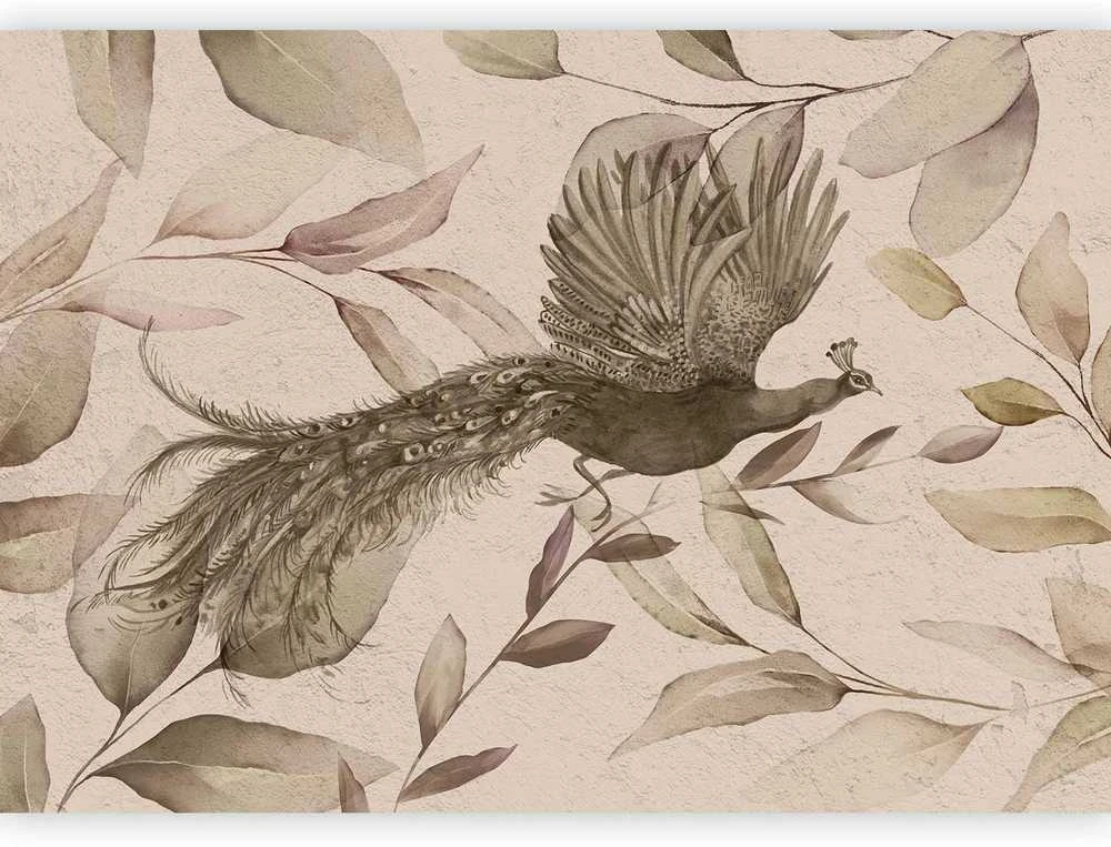 Artgeist Fototapetas - Bird among the leaves - floral motif with a flying peacock in cool tones