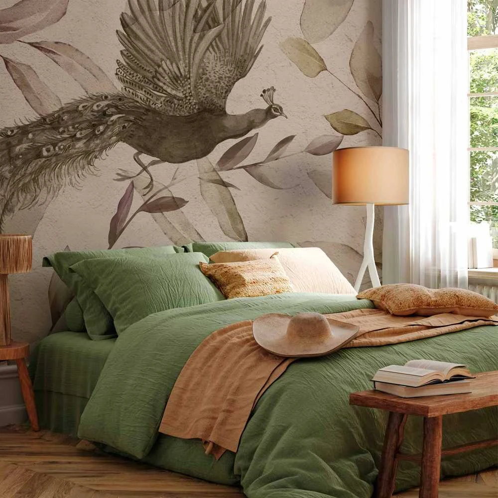 Artgeist Fototapetas - Bird among the leaves - floral motif with a flying peacock in cool tones