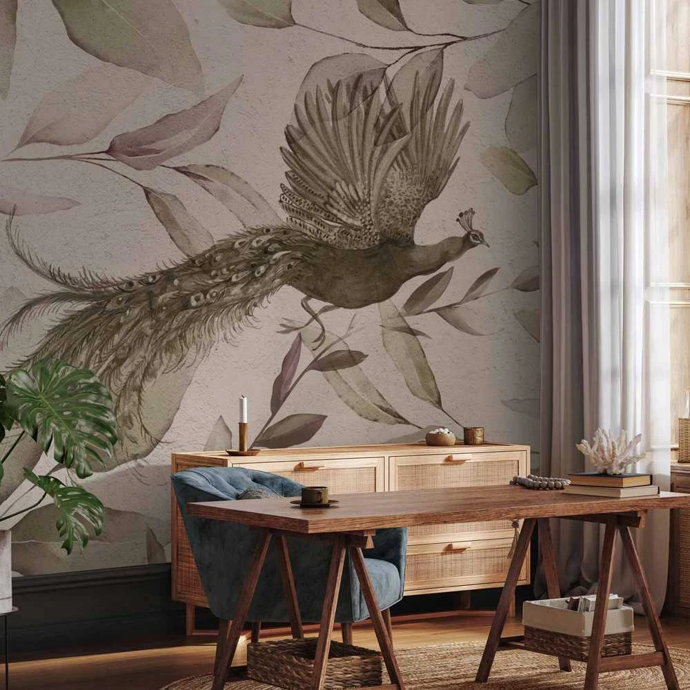 Artgeist Fototapetas - Bird among the leaves - floral motif with a flying peacock in cool tones