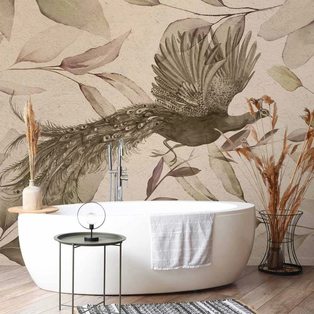 Artgeist Fototapetas - Bird among the leaves - floral motif with a flying peacock in cool tones