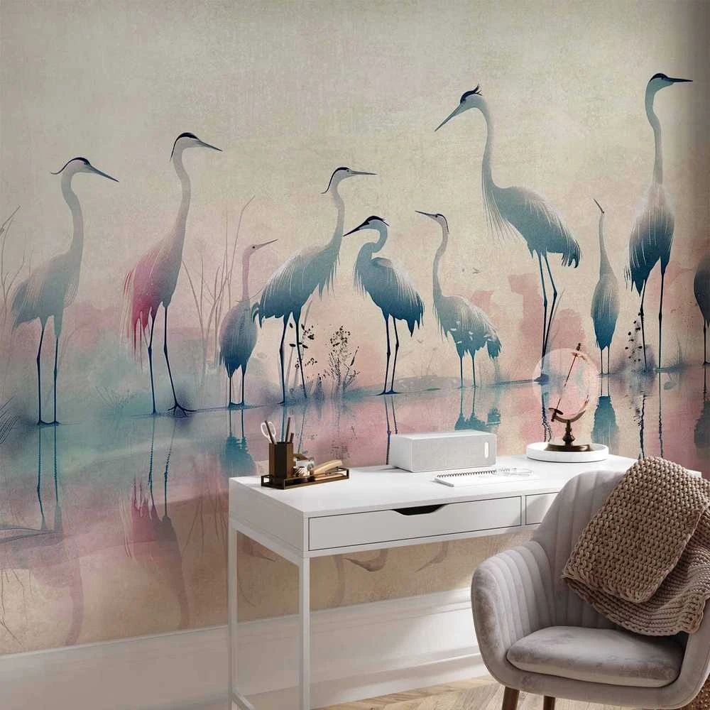 Artgeist Fototapetas - Birds by the lake - herons painted in watercolour in delicate pilkas and pink colours