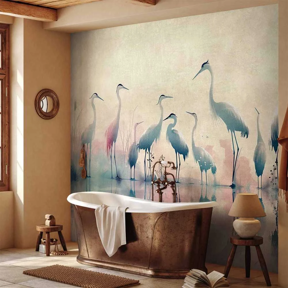 Artgeist Fototapetas - Birds by the lake - herons painted in watercolour in delicate pilkas and pink colours