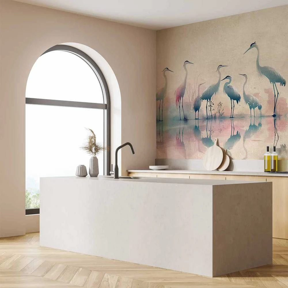 Artgeist Fototapetas - Birds by the lake - herons painted in watercolour in delicate pilkas and pink colours