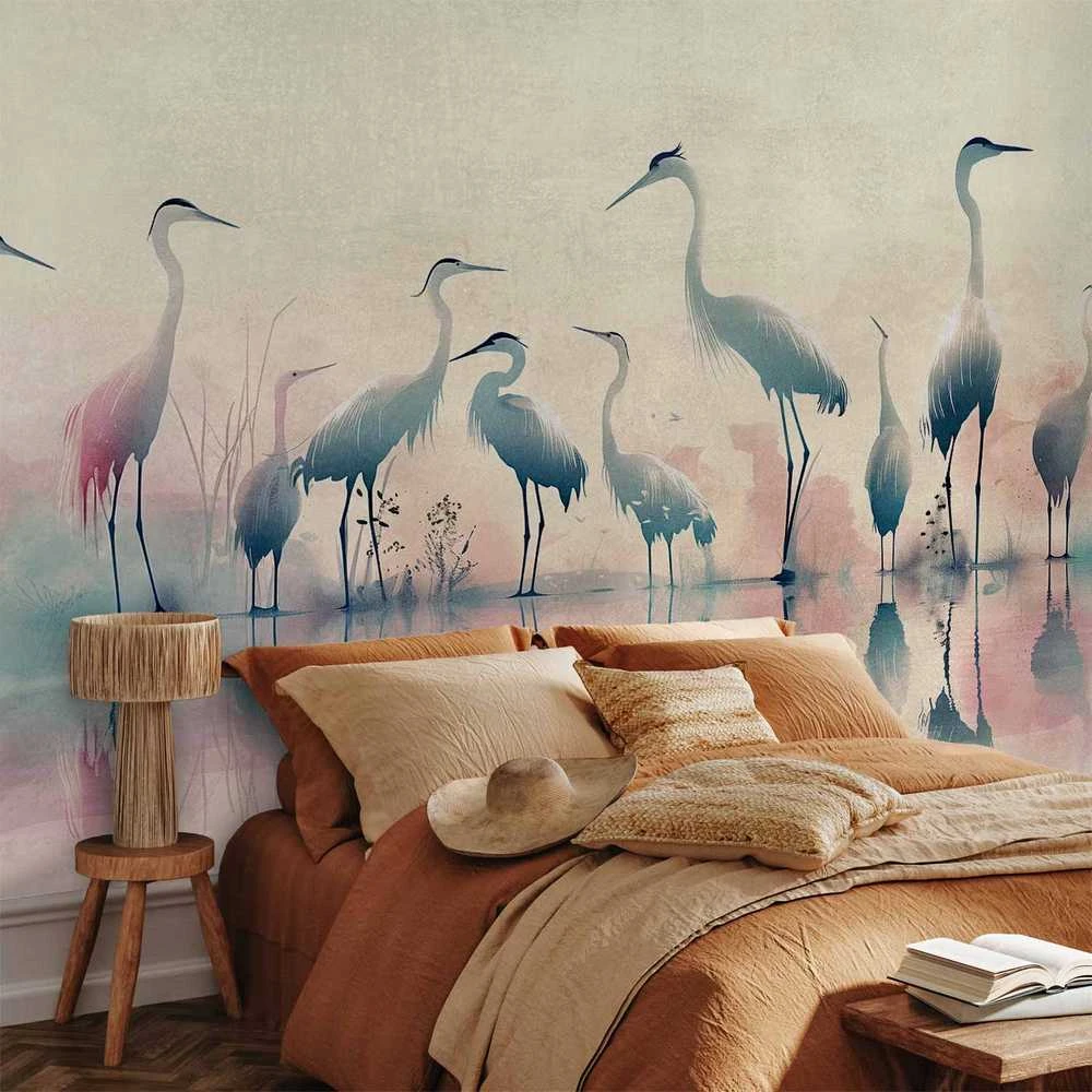 Artgeist Fototapetas - Birds by the lake - herons painted in watercolour in delicate pilkas and pink colours
