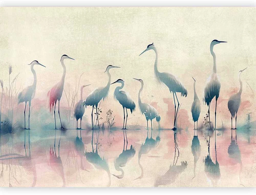 Artgeist Fototapetas - Birds by the lake - herons painted in watercolour in delicate pilkas and pink colours