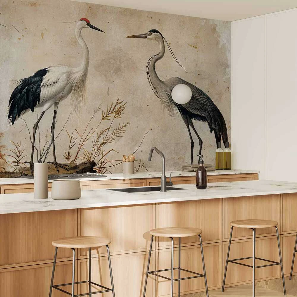 Artgeist Fototapetas - Birds from an old engraving - vintage-style illustration depicting a heron and a crane