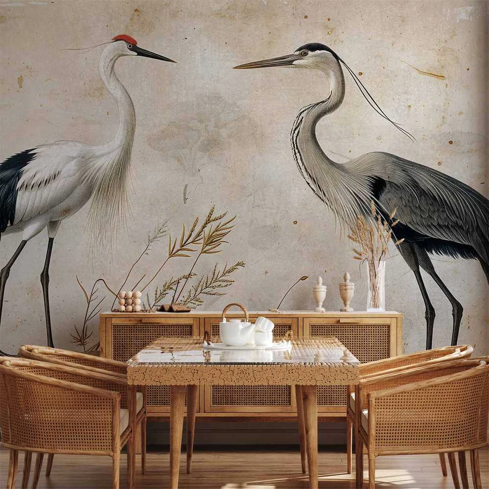 Artgeist Fototapetas - Birds from an old engraving - vintage-style illustration depicting a heron and a crane