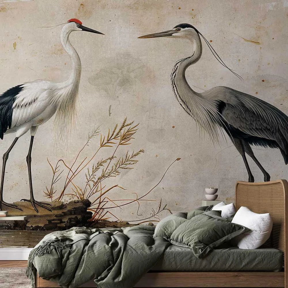 Artgeist Fototapetas - Birds from an old engraving - vintage-style illustration depicting a heron and a crane