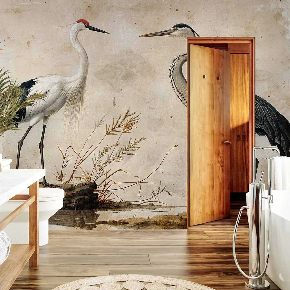 Artgeist Fototapetas - Birds from an old engraving - vintage-style illustration depicting a heron and a crane