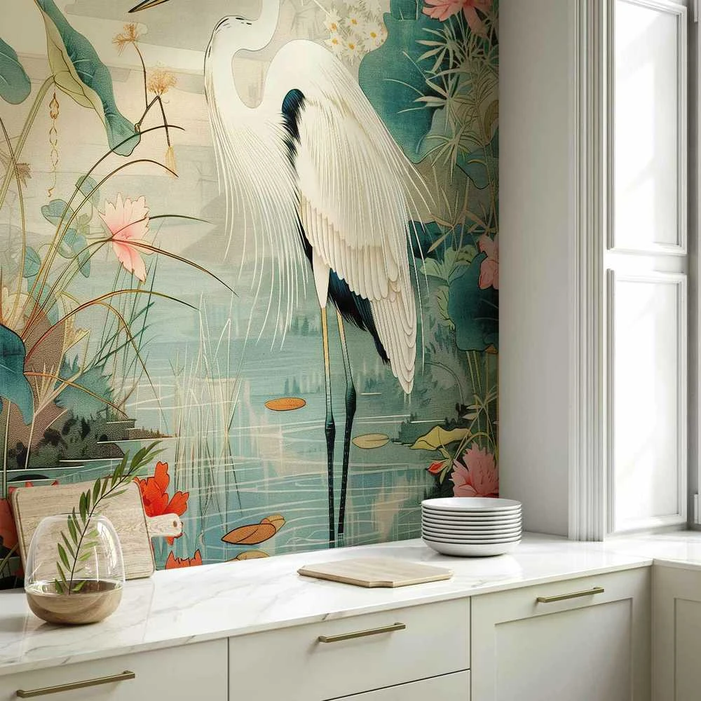 Artgeist Fototapetas - By an Asian pond - an illustration in the style of a Japanese engraving, depicting a heron