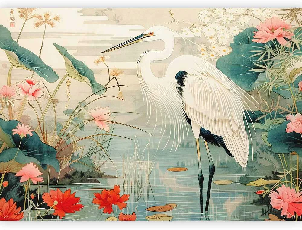 Artgeist Fototapetas - By an Asian pond - an illustration in the style of a Japanese engraving, depicting a heron