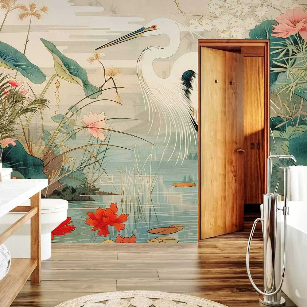 Artgeist Fototapetas - By an Asian pond - an illustration in the style of a Japanese engraving, depicting a heron
