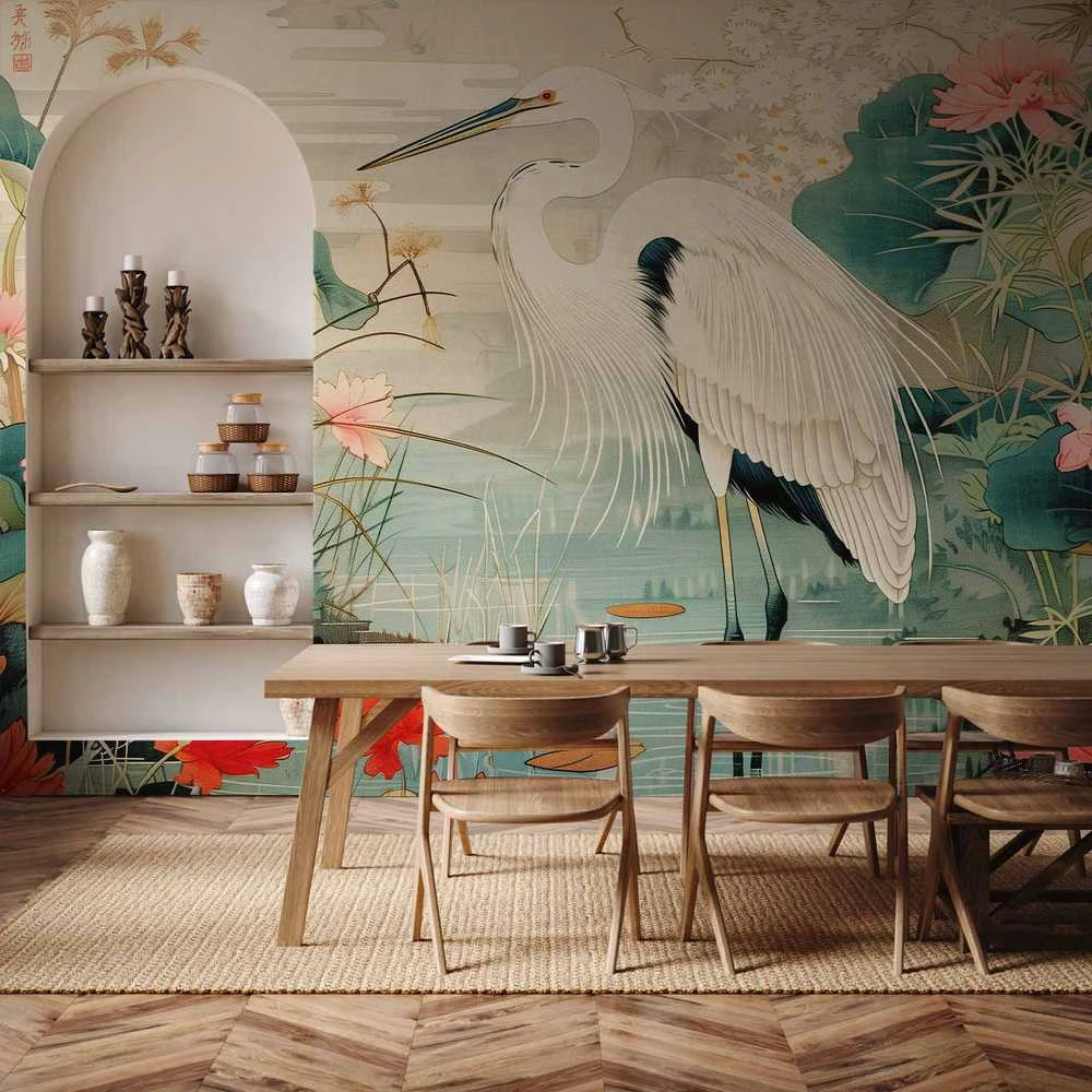 Artgeist Fototapetas - By an Asian pond - an illustration in the style of a Japanese engraving, depicting a heron