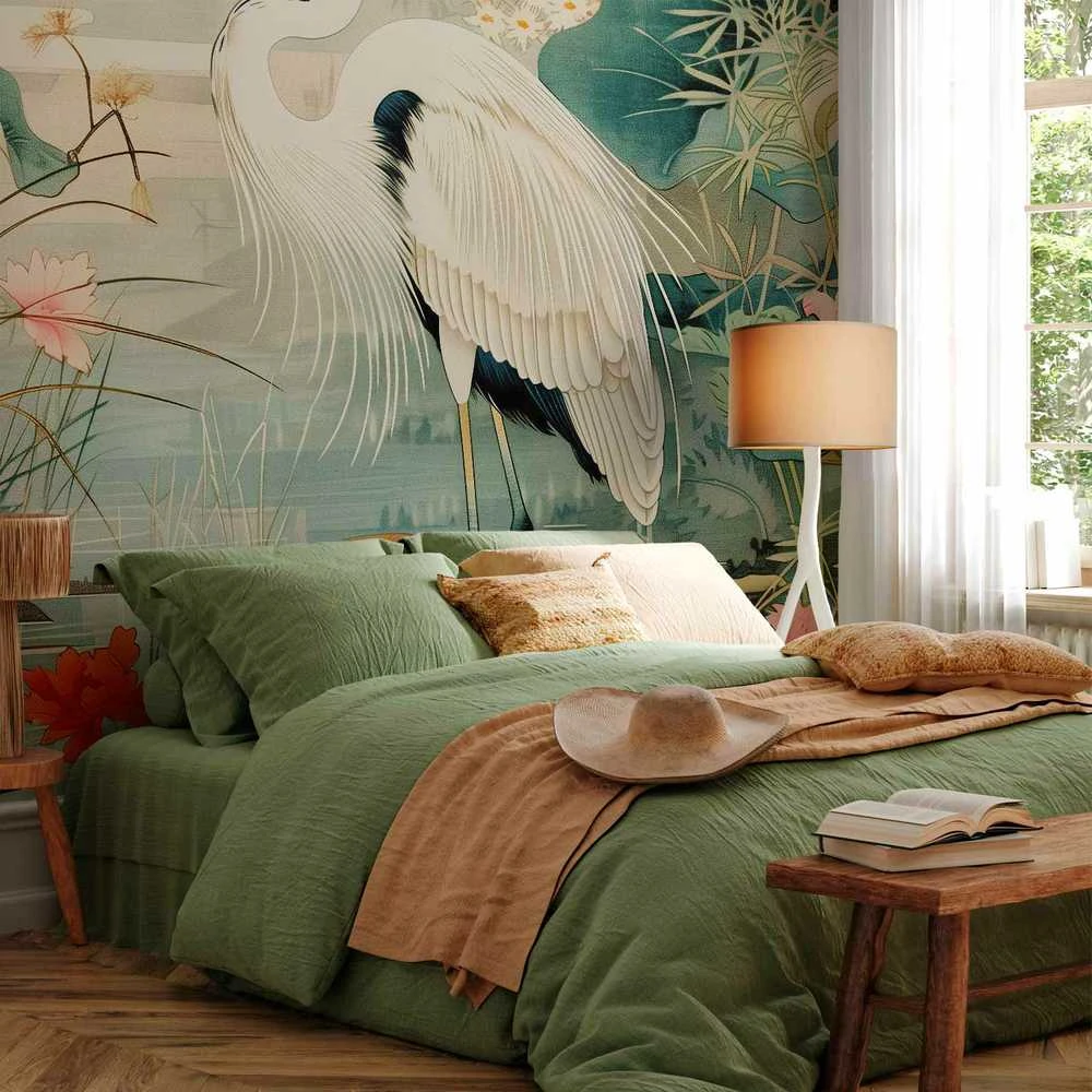 Artgeist Fototapetas - By an Asian pond - an illustration in the style of a Japanese engraving, depicting a heron