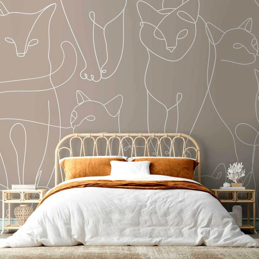 Artgeist Fototapetas - Cat lineart - minimalist sketches of baltas cats on beige background