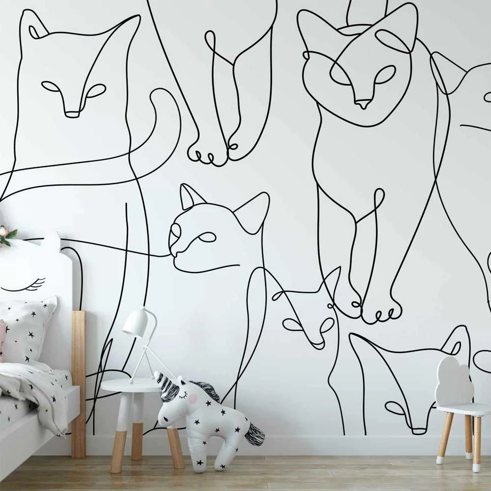 Artgeist Fototapetas - Cat lineart - minimalist sketches of juodas cats on baltas background