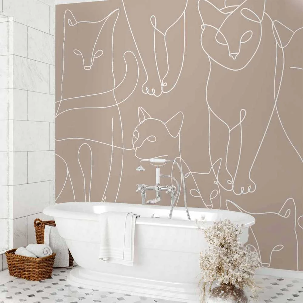 Artgeist Fototapetas - Cat lineart - minimalist sketches of baltas cats on beige background
