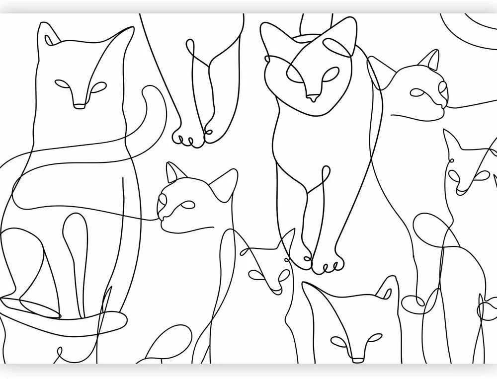 Artgeist Fototapetas - Cat lineart - minimalist sketches of juodas cats on baltas background