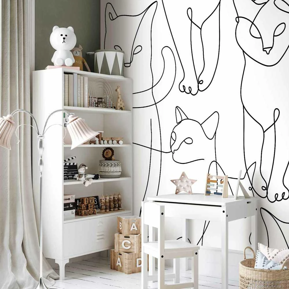Artgeist Fototapetas - Cat lineart - minimalist sketches of juodas cats on baltas background
