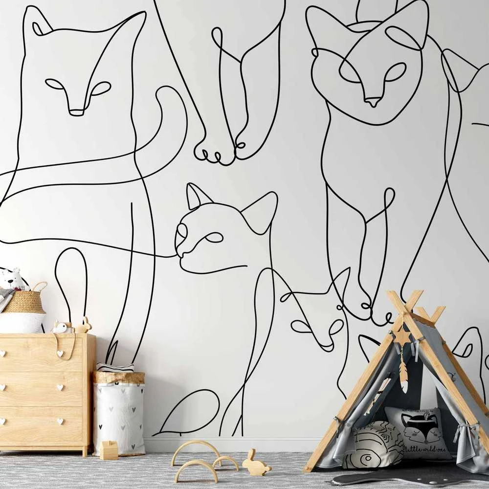 Artgeist Fototapetas - Cat lineart - minimalist sketches of juodas cats on baltas background
