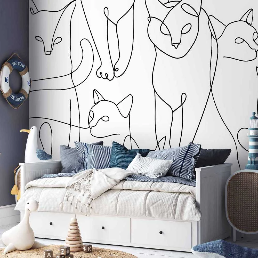 Artgeist Fototapetas - Cat lineart - minimalist sketches of juodas cats on baltas background