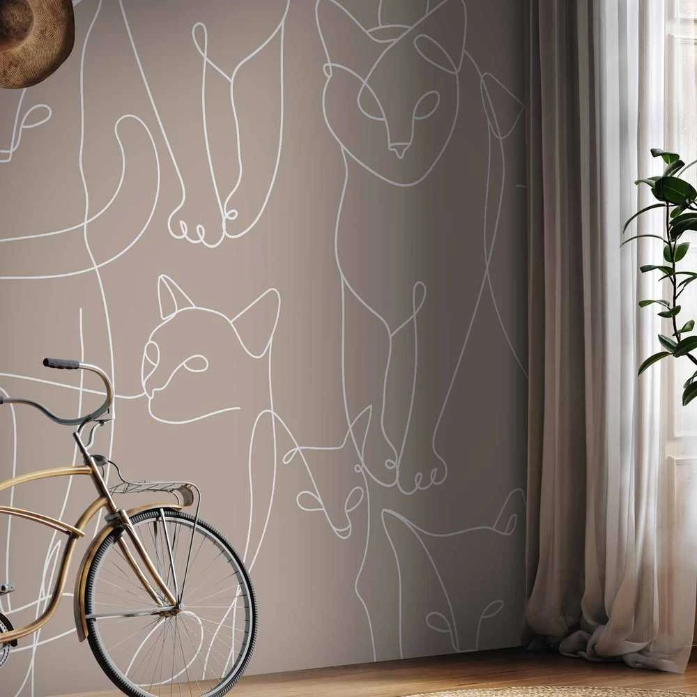 Artgeist Fototapetas - Cat lineart - minimalist sketches of baltas cats on beige background