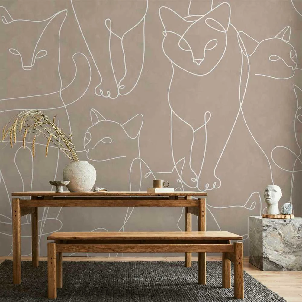 Artgeist Fototapetas - Cat lineart - minimalist sketches of baltas cats on beige background